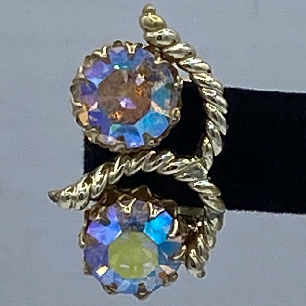 Vintage Kramer Gold-Tone Rope Aurora Borealis Rhinestone Clip-On Earrings